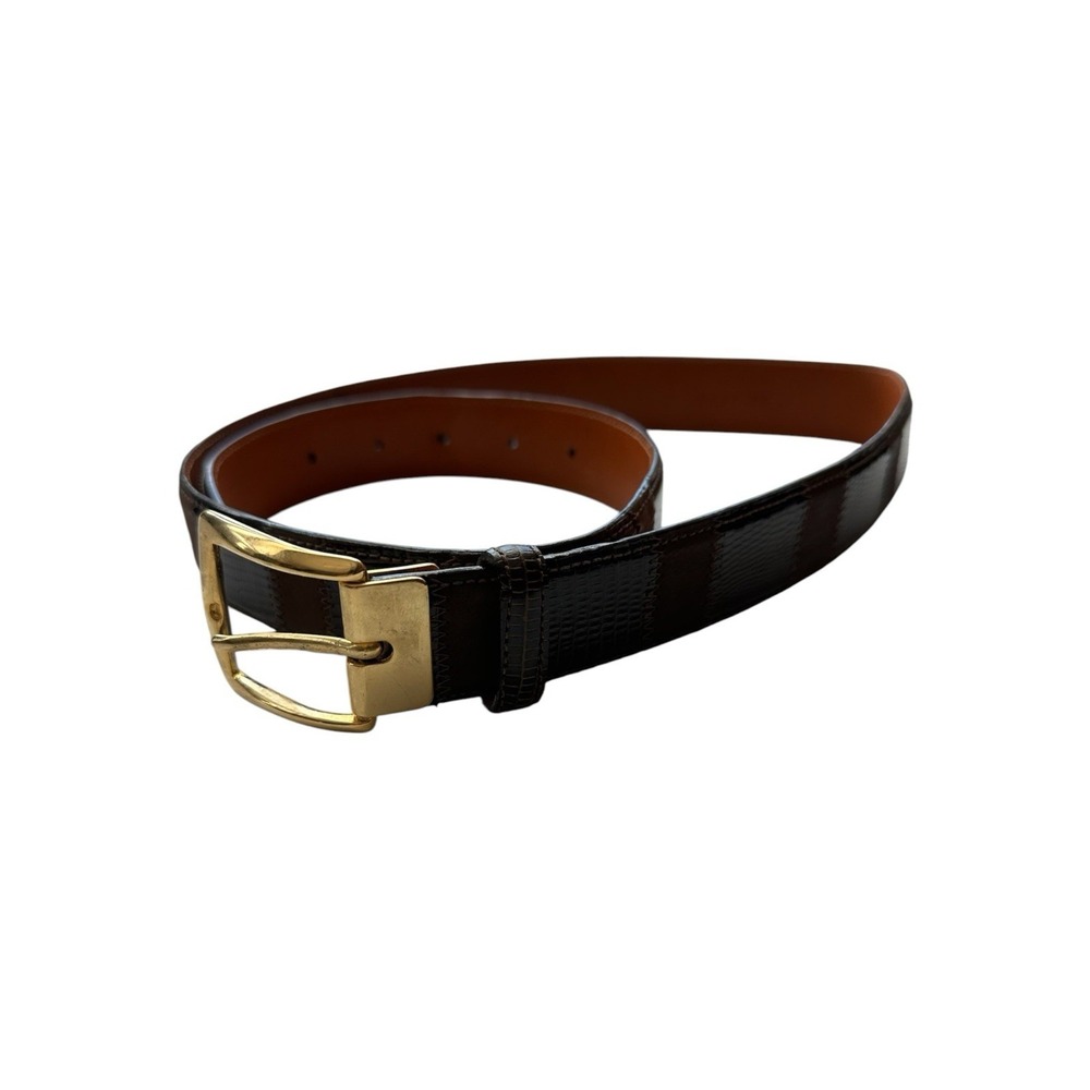 Bespoke Brown Patchwork Lizard Skin Mens Belt Solid Brass Buckle 34 USA Made